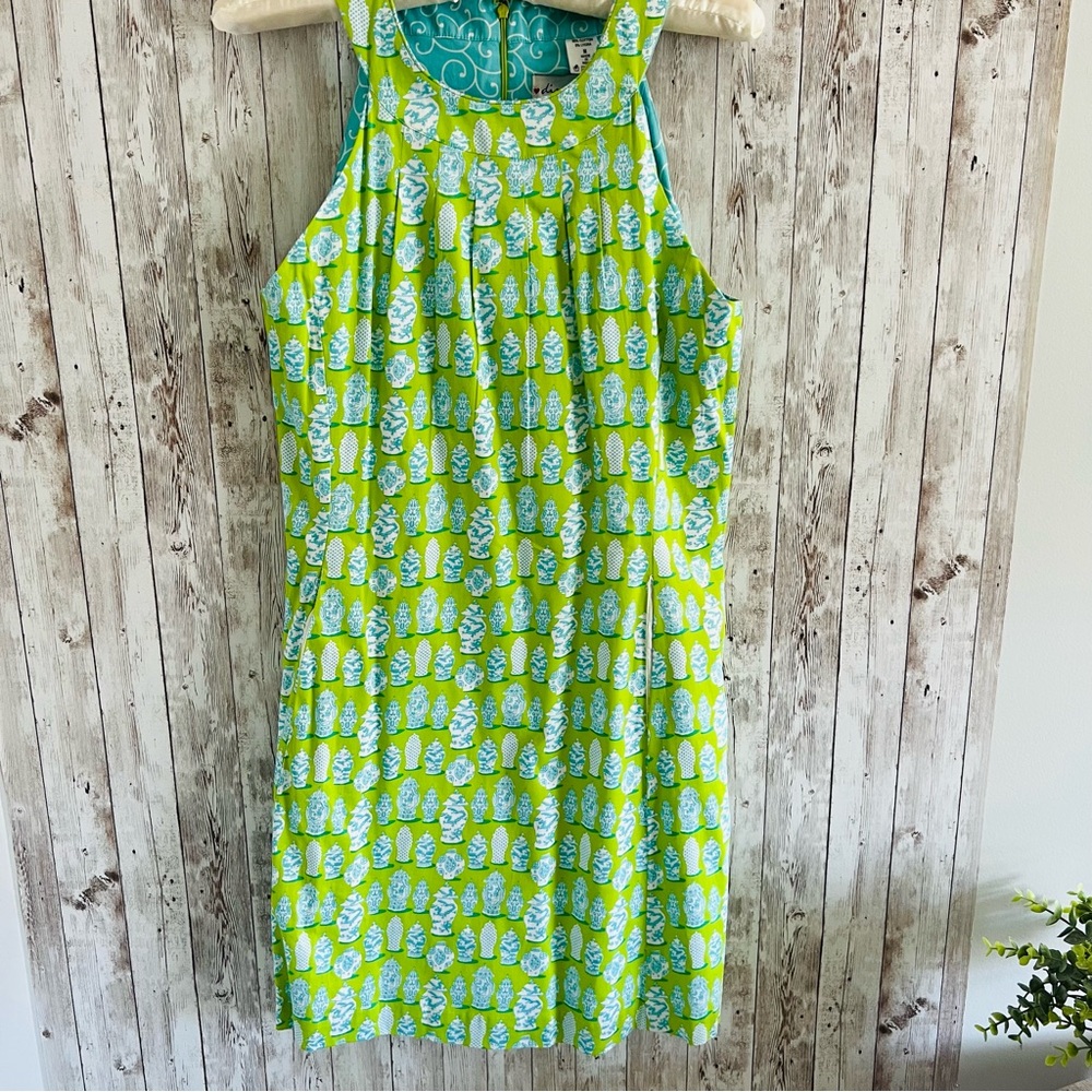 Dizzy Lizzie Charleston Ginger Jar Print Green Blue Shift Dress Preppy Medium